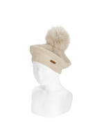 Condor Condor Garter stitch beret with faux fur giant pompom GARNET BEIGE304