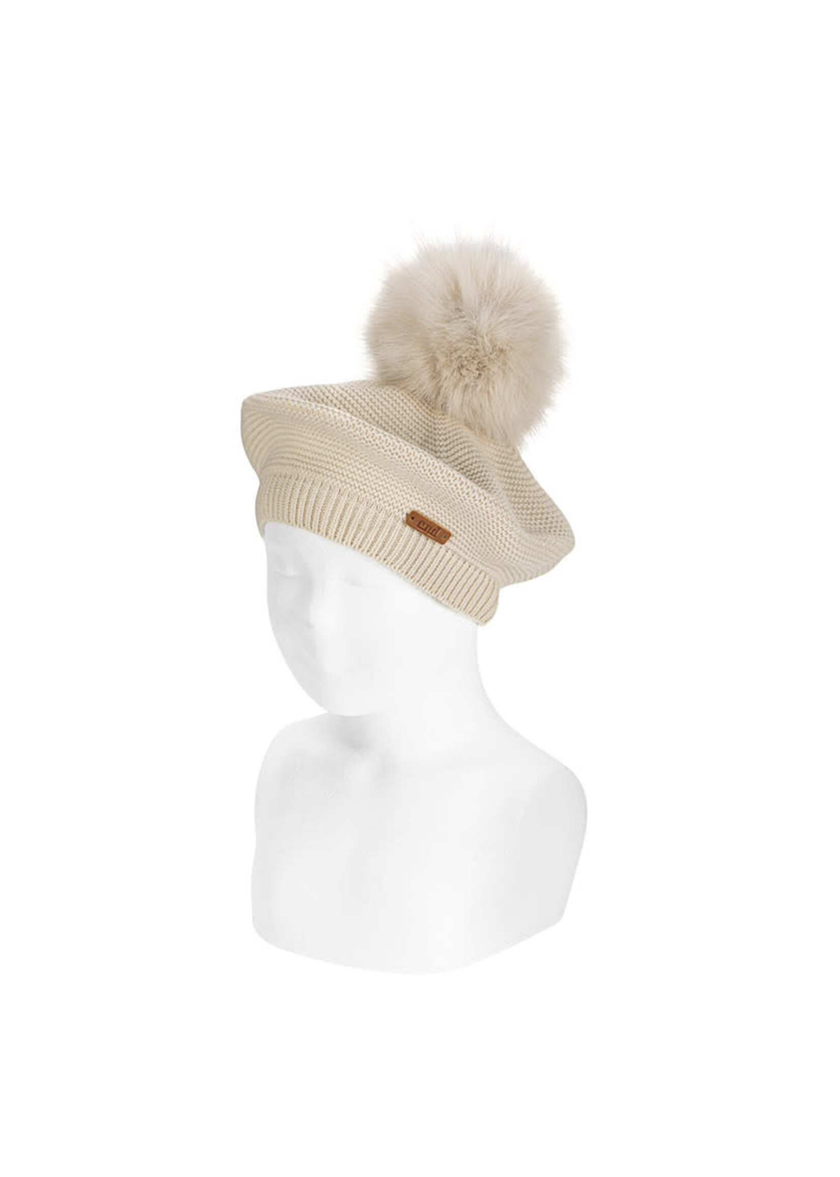 Condor Condor Garter stitch beret with faux fur giant pompom GARNET BEIGE304