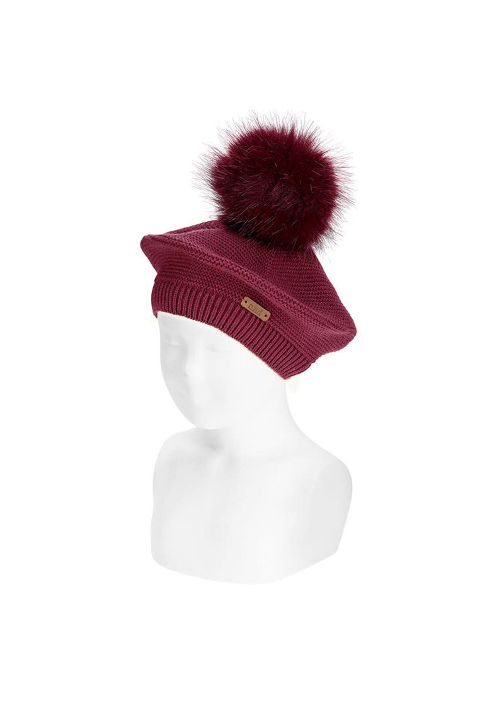 Condor Condor Garter stitch beret with faux fur giant pompom GARNET BORDEAUX575
