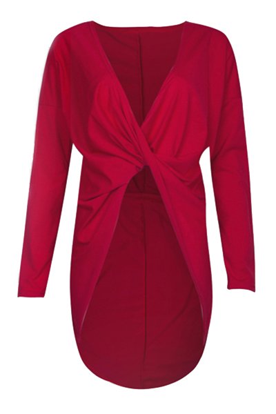 Sexy V-Neck Long Sleeves Asymmetrical Wine Red Polyester Women's Dress