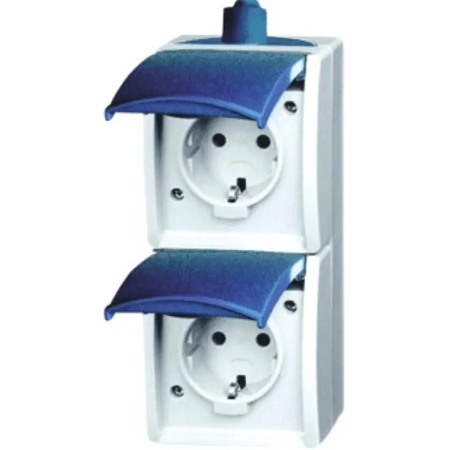 Busch-Jaeger wandcontactdoos 2-voudig randaarde met klapdeksels opbouw Ocean IP44 grijs/blauw (20-02 EW-53-503)