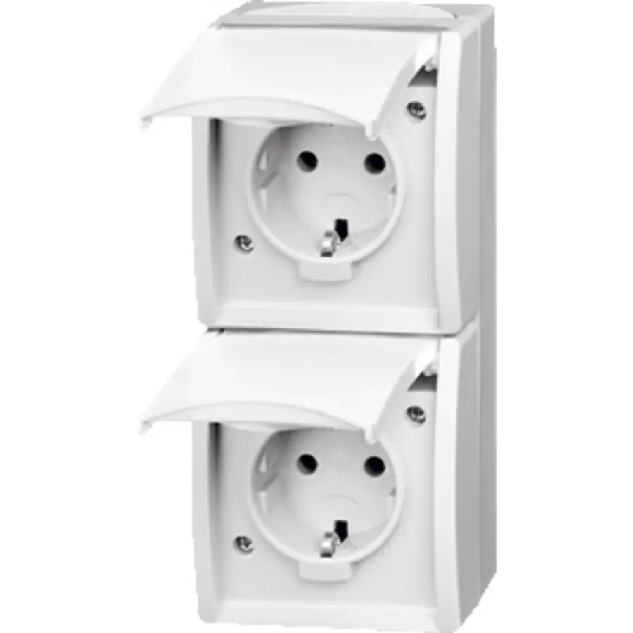 Busch-Jaeger wandcontactdoos 2-voudig randaarde met klapdeksels opbouw Ocean IP44 alpinwit (20-02 EW-54)