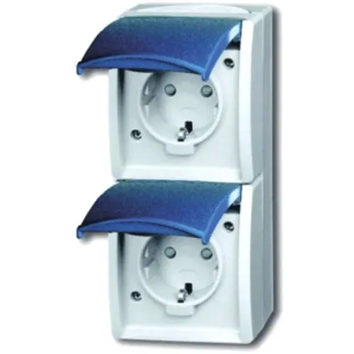 Busch-Jaeger wandcontactdoos 2-voudig randaarde kindveilig met klapdeksels opbouw Ocean IP44 grijs/blauw (20-02 EBW-53)