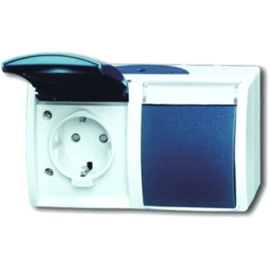 Busch-Jaeger wandcontactdoos 2-voudig randaarde kindveilig met klapdeksels opbouw Ocean IP44 grijs/blauw (20/2 EBW-53)