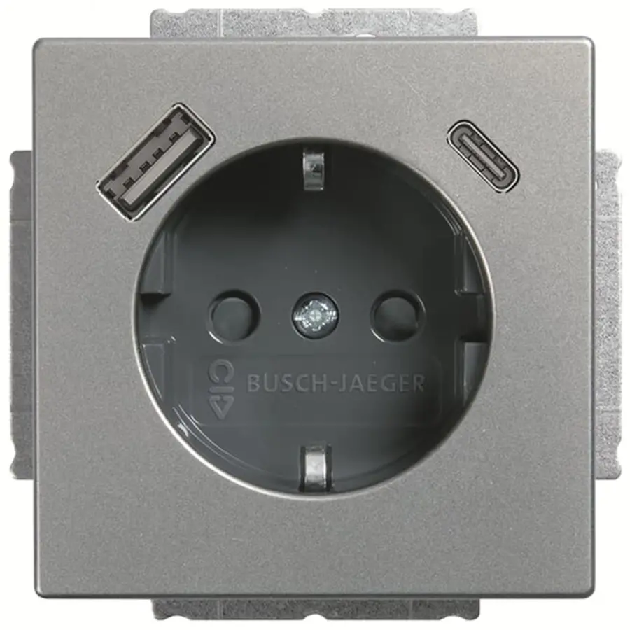 Busch-Jaeger wandcontactdoos randaarde met USB type A en C Pure Stainless Steel (20 EUCB2USBAC-866)