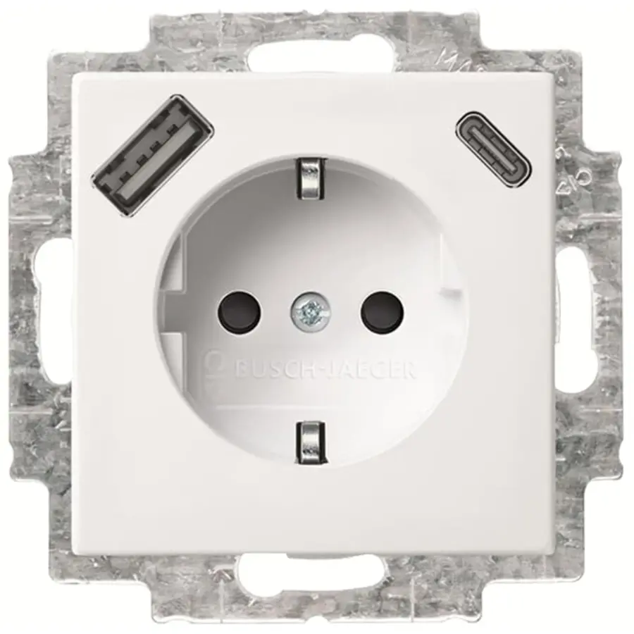 Busch-Jaeger wandcontactdoos randaarde kindveilig met USB type A en C Balance SI wit glans (20 EUCB2USBAC-914)
