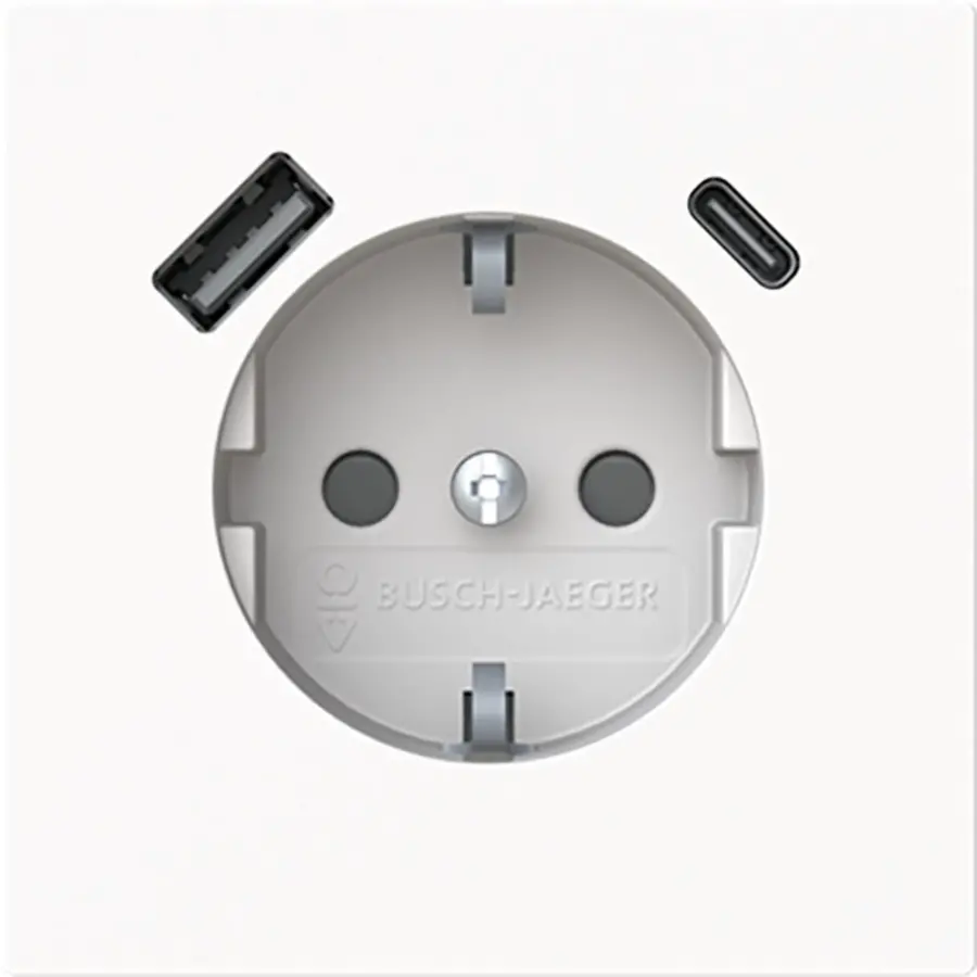 Busch-Jaeger wandcontactdoos randaarde Safety+ met USB A en C Art Linear studiowit glans (20 EUCB2USBAC-44G)