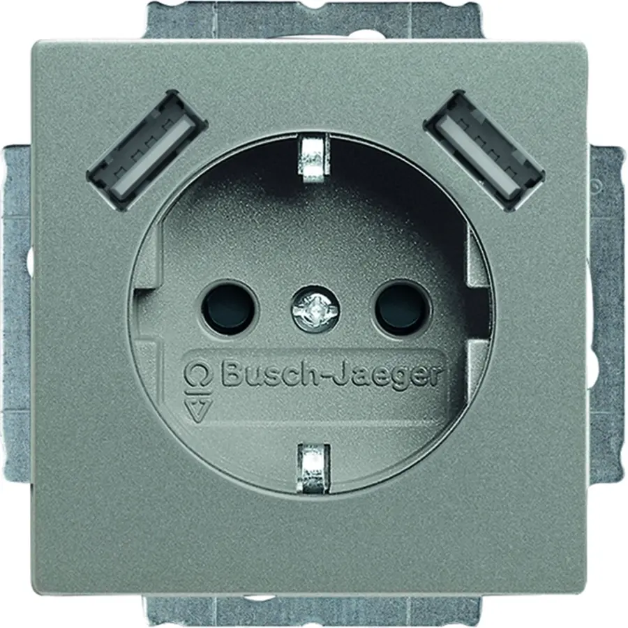 Busch-Jaeger wandcontactdoos randaarde kindveilig met 2xUSB Solo grijsmetallic (20 EUCB2USB-803)
