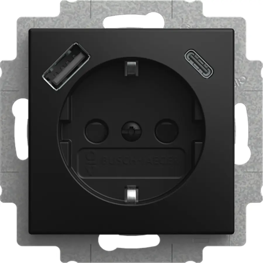 Busch-Jaeger wandcontactdoos randaarde kindveilig met 1xUSB-A met 1xUSB-C voeding Balance SI zwart mat (20 EUCB2USBAC-915)