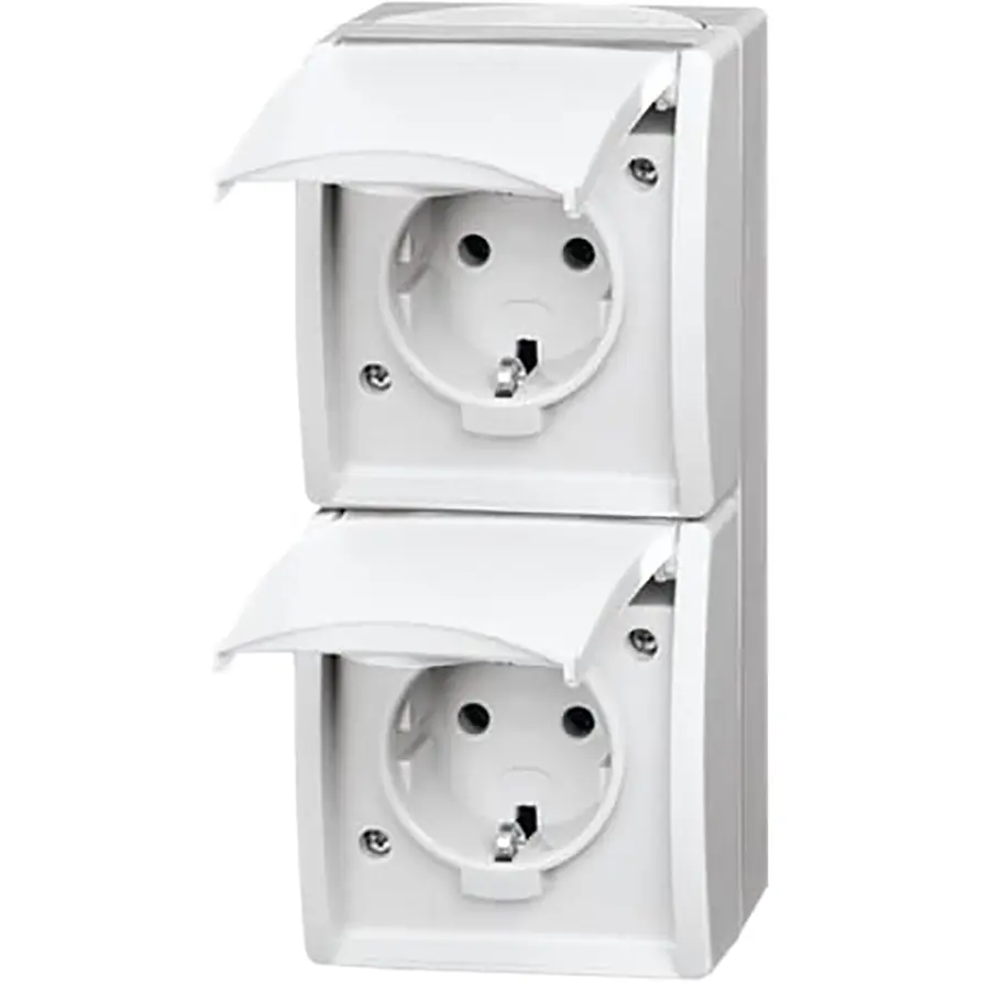 Busch-Jaeger wandcontactdoos 2-voudig randaarde met klapdeksels opbouw Ocean IP44 alpinwit (20-02 EW-54)