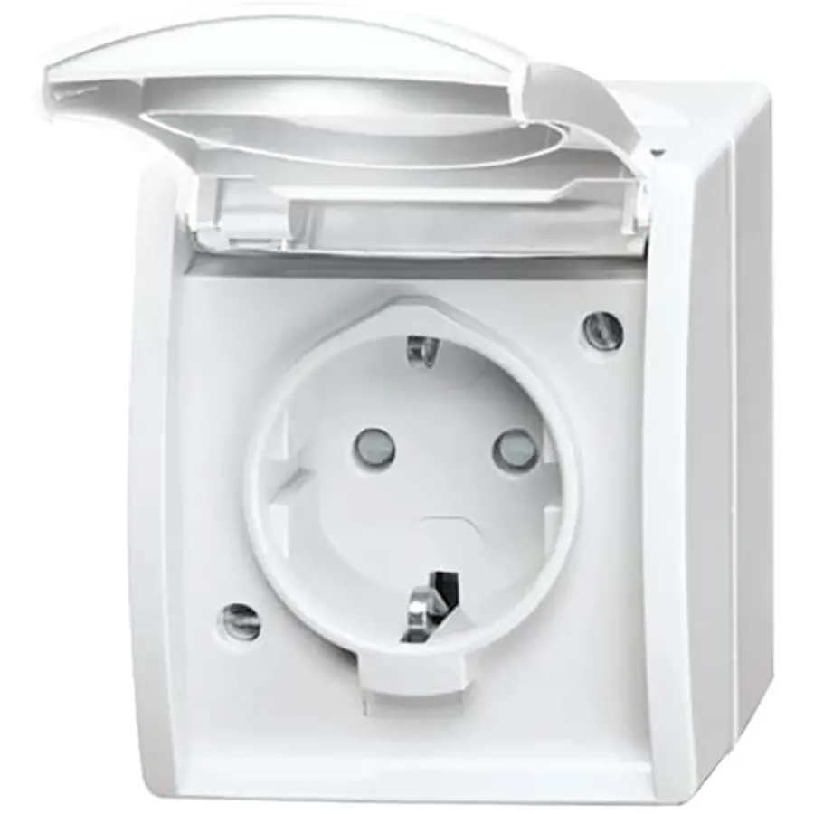 Busch-Jaeger wandcontactdoos randaarde klapdeksel kindveilig opbouw Ocean IP44 alpinwit (20 EBW-54)