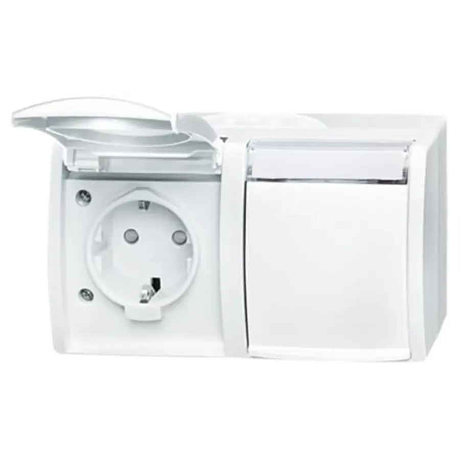 Busch-Jaeger wandcontactdoos 2-voudig randaarde kindveilig met klapdeksels opbouw Ocean IP44 alpinwit (20/2 EBW-54)