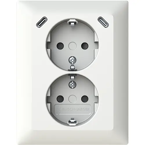 Busch-Jaeger wandcontactdoos 2-voudig randaarde Safety+ en 2x USB C voor enkele inbouwdoos Balance SI wit glans (202EUJRB2USBC-914)