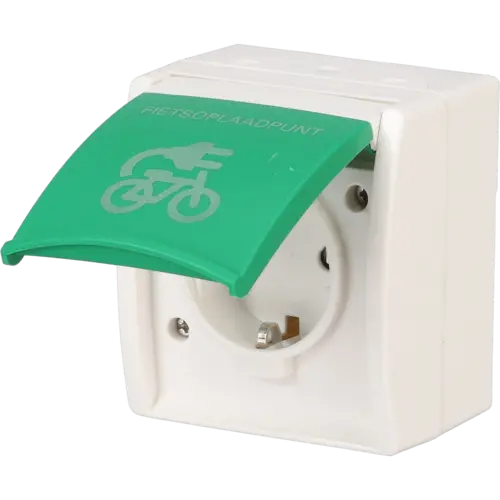 Busch-Jaeger wandcontactdoos randaarde Safety+ klapdeksel met opdruk fietsoplaadpunt opbouw Ocean IP44 alpinwit/groen (20 EBW/LA-13-54) Busch-Jaeger wandcontactdoos randaarde Safety+ klapdeksel met opdruk fietsoplaadpunt opbouw Ocean IP44 alpinwit/groen (20 EBW/LA-13-54)