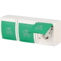 Busch-Jaeger wandcontactdoos 3-voudig randaarde Safety+ klapdeksel met opdruk fietsoplaadpunt opbouw Ocean IP44 alpinwit/groen (2300/3 EBW-54 FIETS)