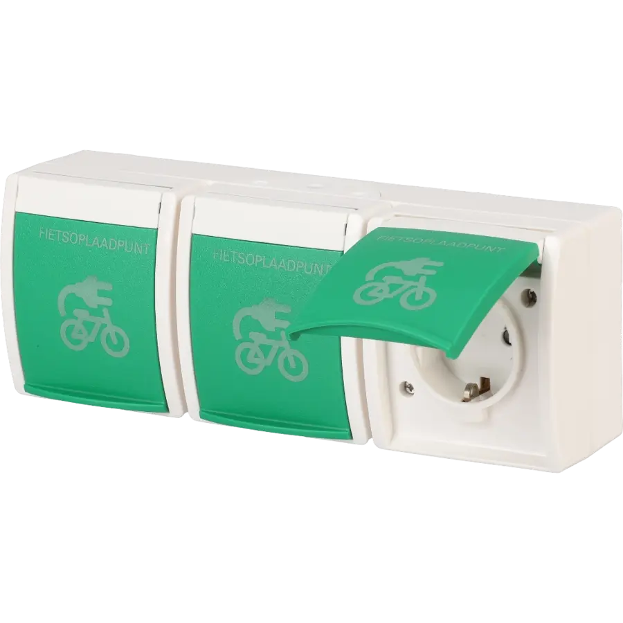 Busch-Jaeger wandcontactdoos 3-voudig randaarde Safety+ klapdeksel met opdruk fietsoplaadpunt opbouw Ocean IP44 alpinwit/groen (2300/3 EBW-54 FIETS)