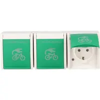 Busch-Jaeger wandcontactdoos 3-voudig randaarde Safety+ klapdeksel met opdruk fietsoplaadpunt opbouw Ocean IP44 alpinwit/groen (2300/3 EBW-54 FIETS)