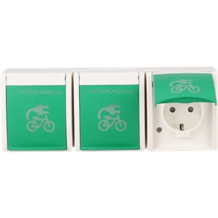 Busch-Jaeger wandcontactdoos 3-voudig randaarde Safety+ klapdeksel met opdruk fietsoplaadpunt opbouw Ocean IP44 alpinwit/groen (2300/3 EBW-54 FIETS)