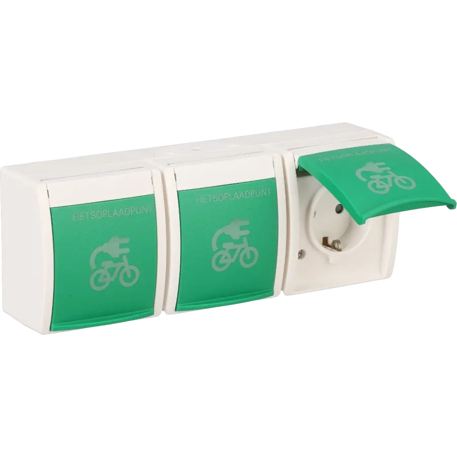 Busch-Jaeger wandcontactdoos 3-voudig randaarde Safety+ klapdeksel met opdruk fietsoplaadpunt opbouw Ocean IP44 alpinwit/groen (2300/3 EBW-54 FIETS)