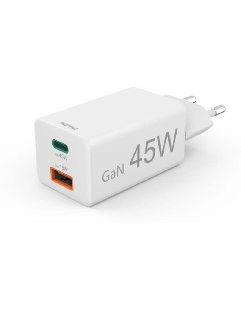 Hama Hama Fast Charger 1X USB-C PD 1X USB-A QC Mini-Charger 45 W White