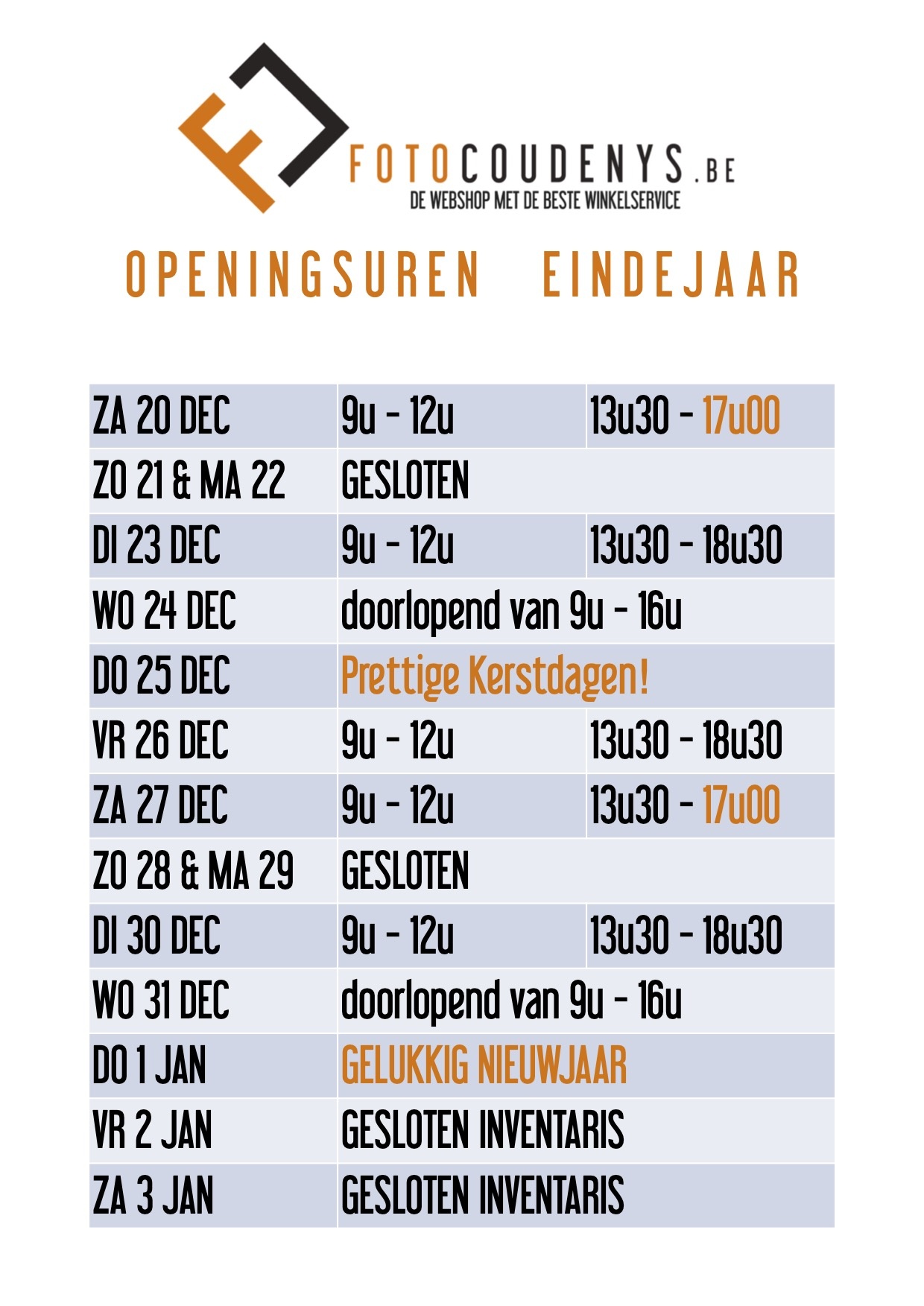 Openingsuren eindejaarsperiode