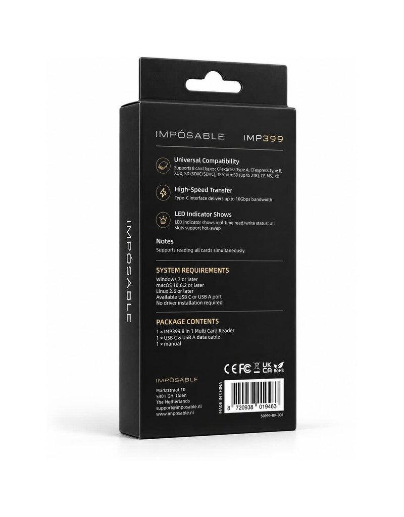 Imposable IMPOSABLE  IMP399 10GB/s 8-in-1 Geheugenkaartlezer voor CFexpress Type A & B, XQD, SD, TF, CF, MS en XD
