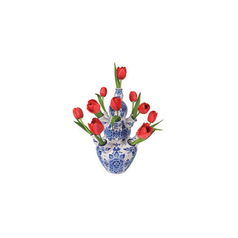 Flatflowers Flat flowers - ansichtkaart raamsticker - rode tulpen in Delfts blauwe vaas