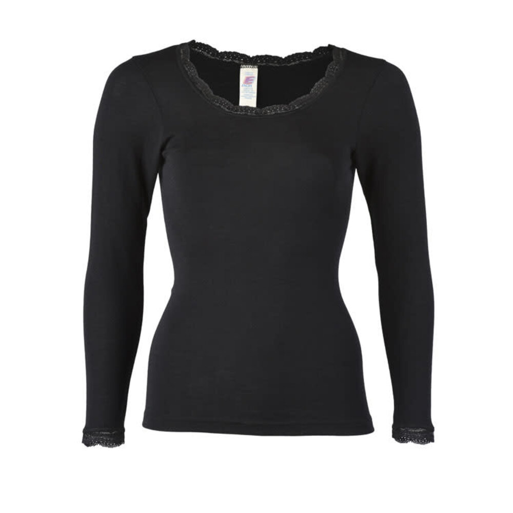 Engel Natur Engel Natur - wollen shirt met kant - zwart Engel Natur Engel Natur - wollen shirt met kant - zwart