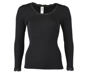 Engel Natur Engel Natur - wollen shirt dames met kant - black Engel Natur Engel Natur - wollen shirt dames met kant - black