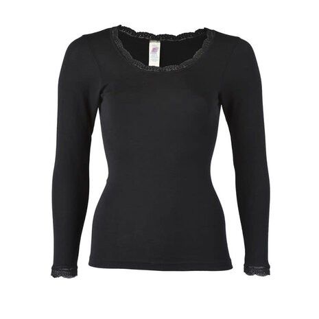 Engel Natur Engel Natur - wollen shirt met kant - zwart Engel Natur Engel Natur - wollen shirt met kant - zwart