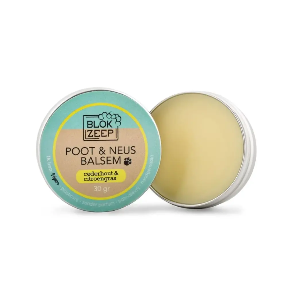 Blokzeep Blokzeep - poot & neus balsem hond - cederhout & citroengras (30g) Blokzeep Blokzeep - poot & neus balsem hond - cederhout & citroengras (30g)