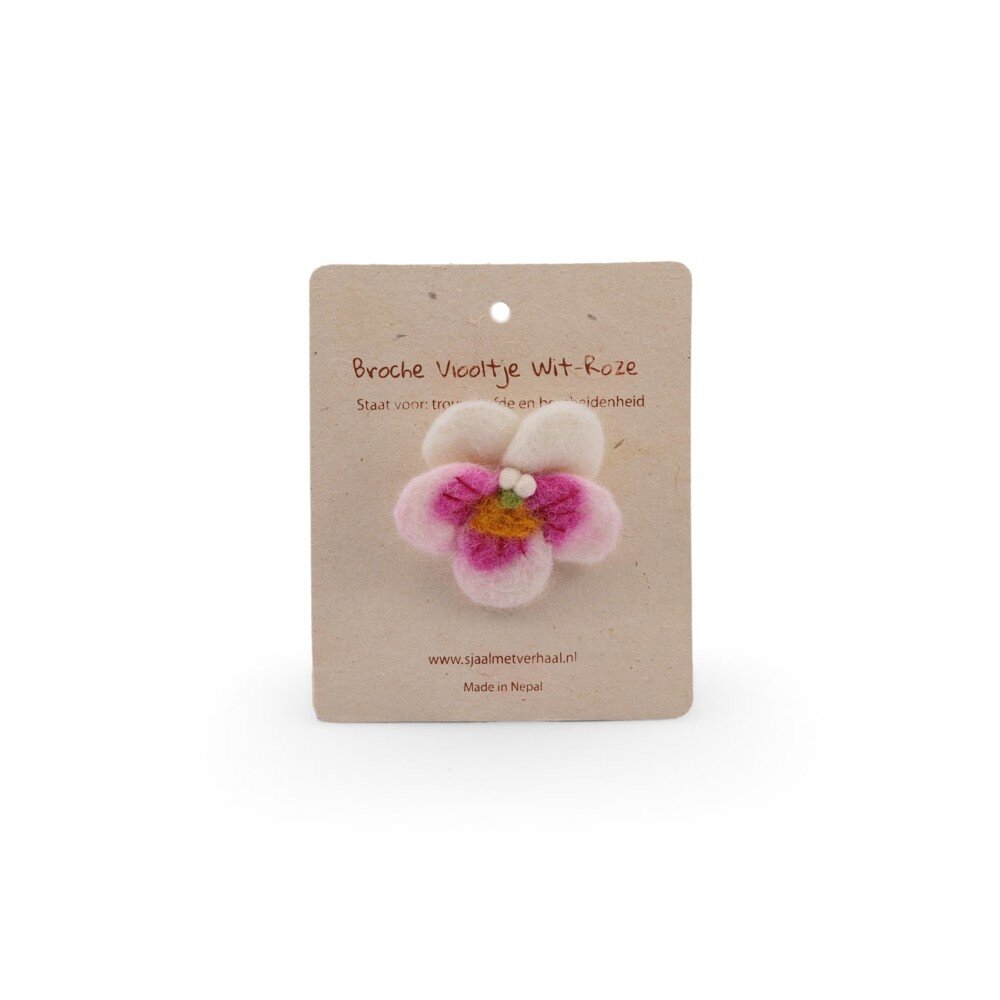 Sjaal met verhaal Sjaal met verhaal - broche - viooltje wit-roze Sjaal met verhaal Sjaal met verhaal - broche - viooltje wit-roze