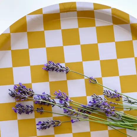 Blu Kat Blu kat - dienblad rond - mustard check (31 cm) Blu Kat Blu kat - dienblad rond - mustard check (31 cm)