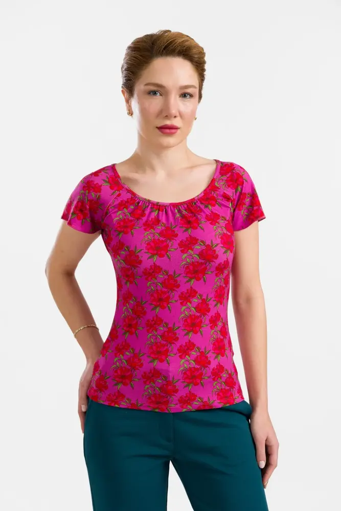 LaLamour LaLamour - butterfly top short sleeve - fuchsia flowers LaLamour LaLamour - butterfly top short sleeve - fuchsia flowers