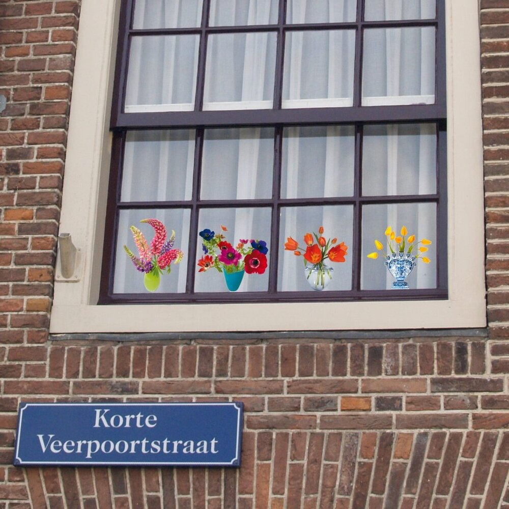 Flatflowers Flat flowers - ansichtkaart raamsticker - tulp geel gestreept (15 x 15 cm)