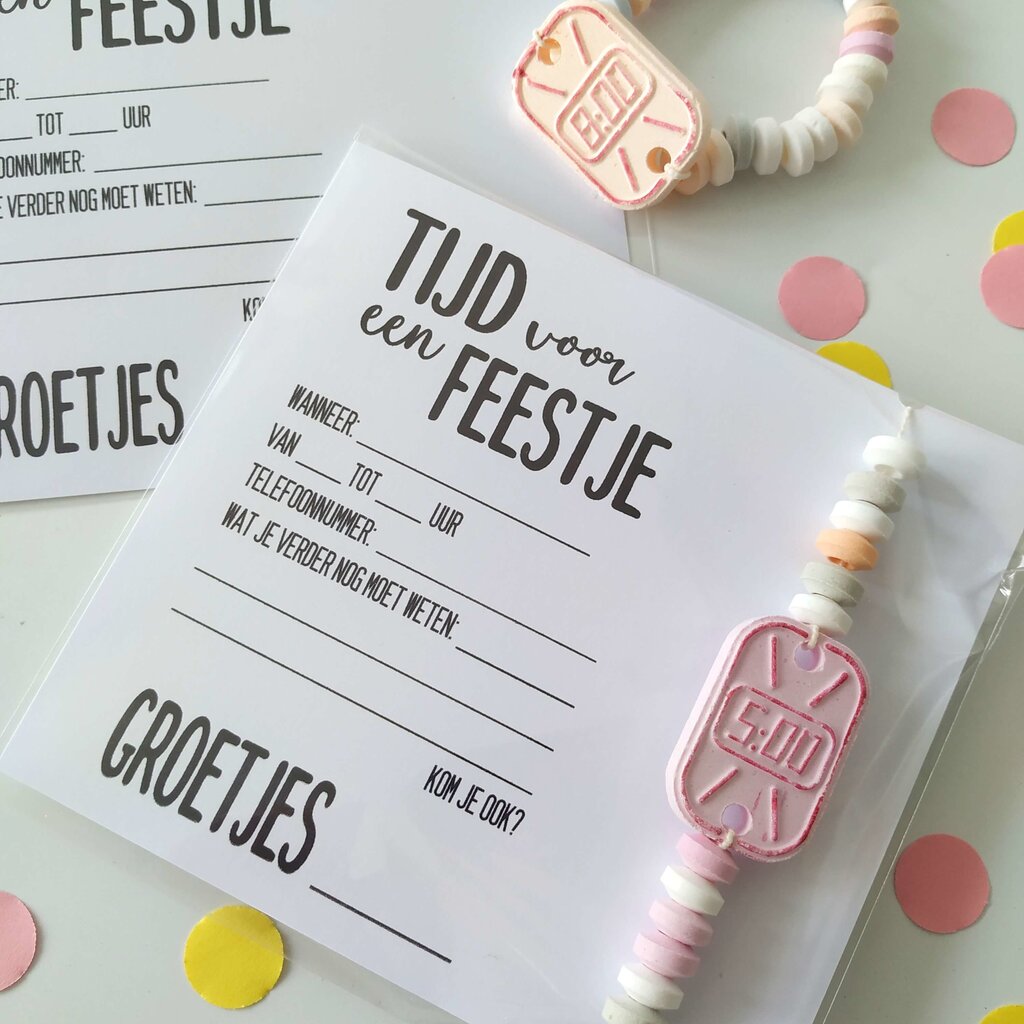 Printable uitnodiging snoepketting horloge