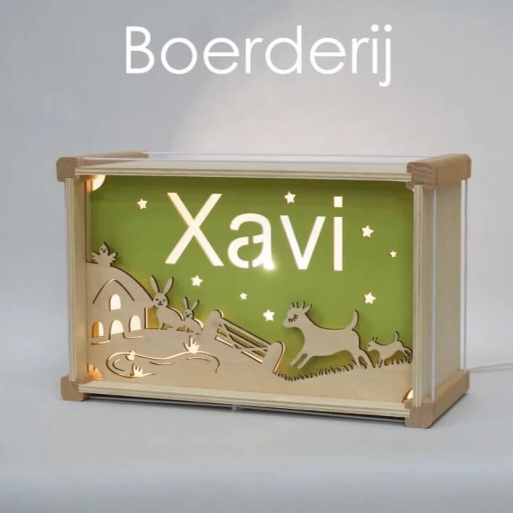 Houten nachtlampje deluxe met naam: Boerderij