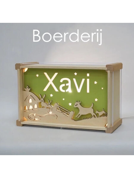 Houten nachtlampje deluxe met naam: Boerderij
