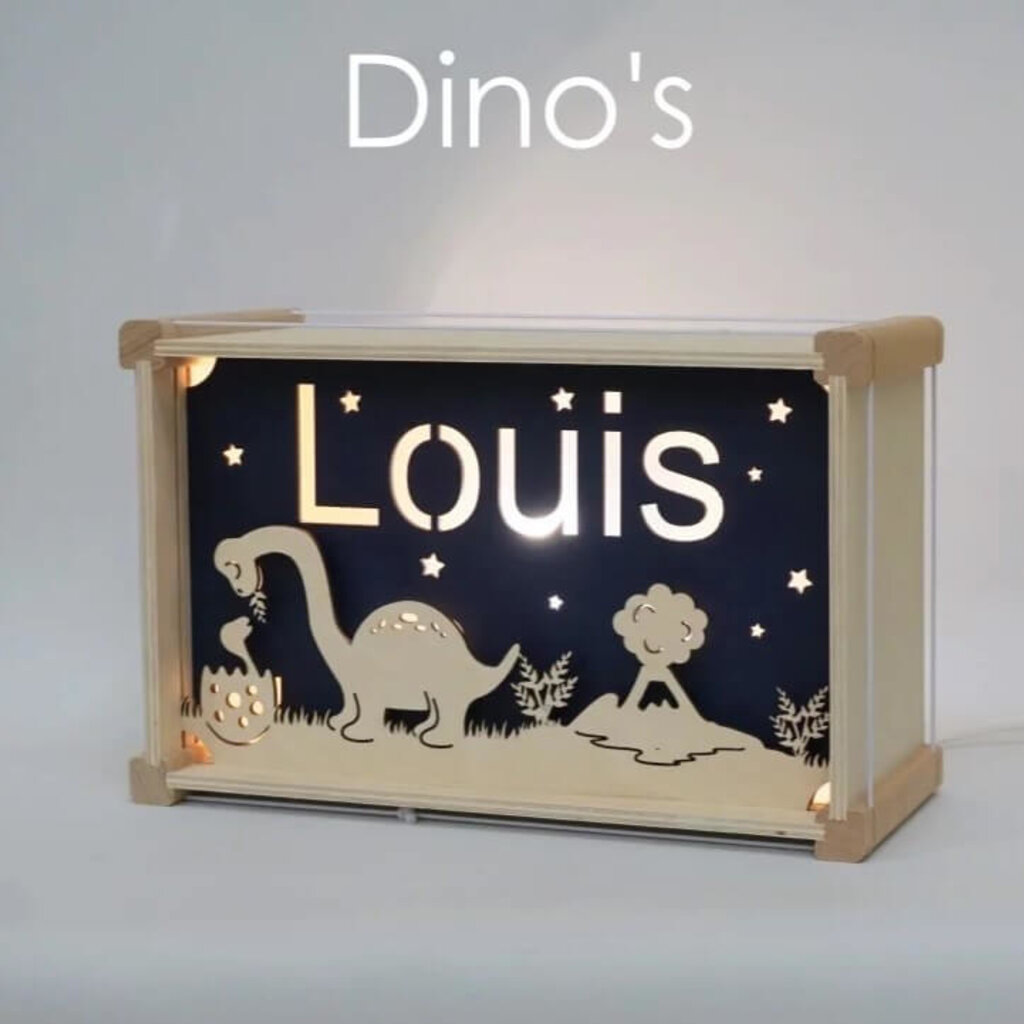 Houten nachtlampje deluxe met naam: Dino's