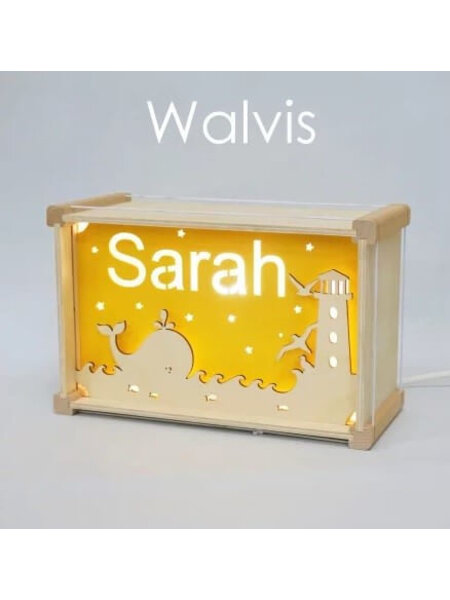 Houten nachtlampje deluxe met naam: Walvis