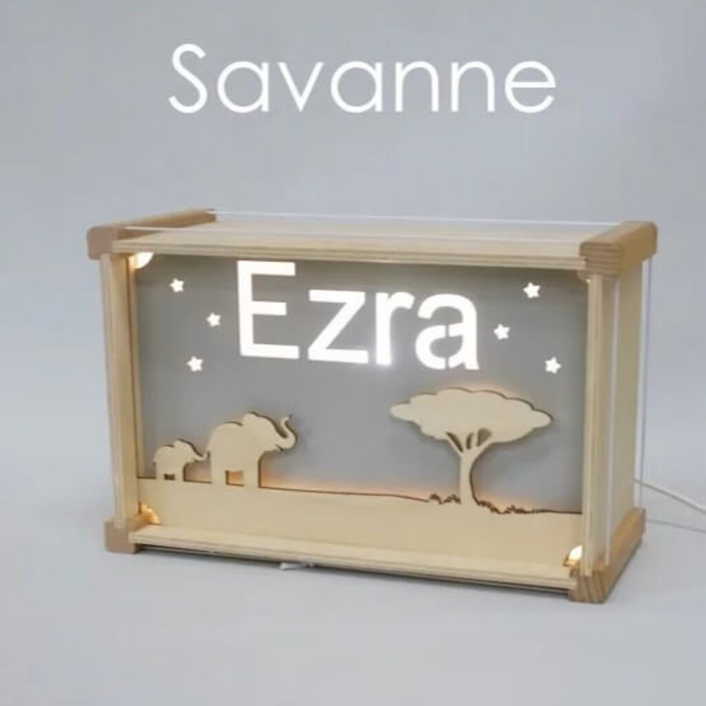 Houten nachtlampje deluxe met naam: Savanne
