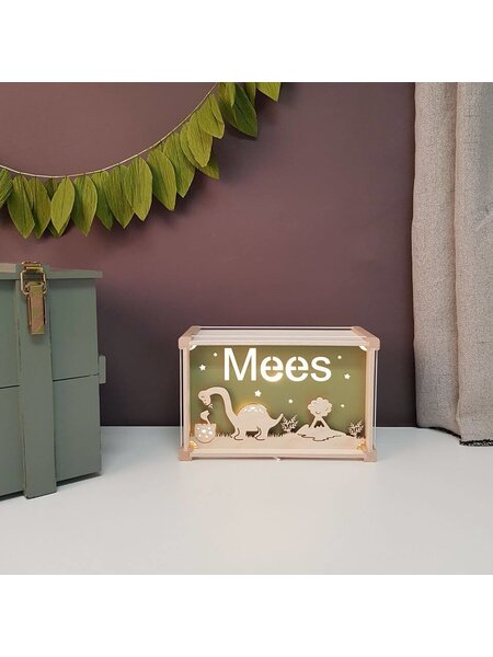 Houten nachtlampje deluxe met naam: Dino's