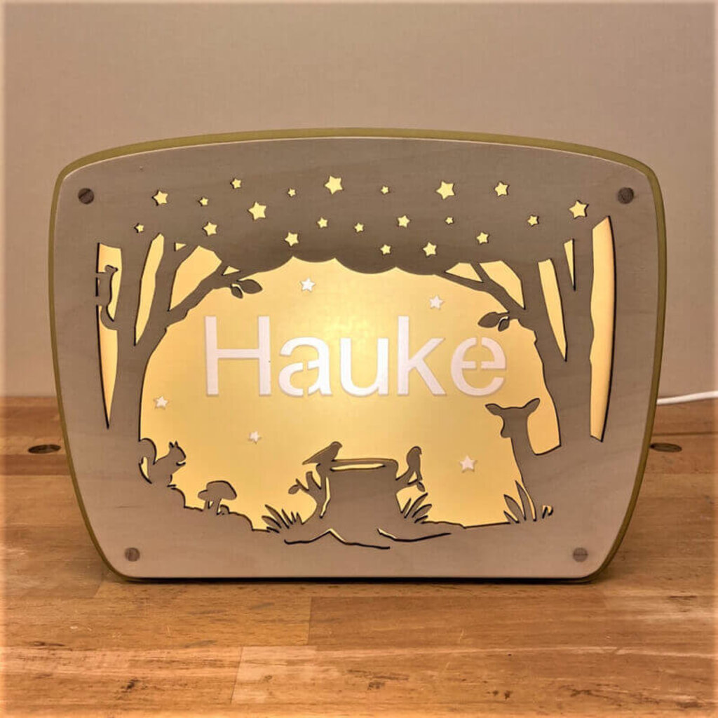 Houten lampje met naam Bosdieren