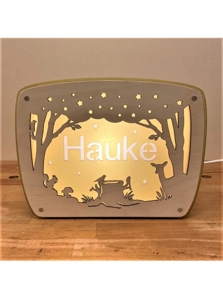 Houten lampje met naam Bosdieren
