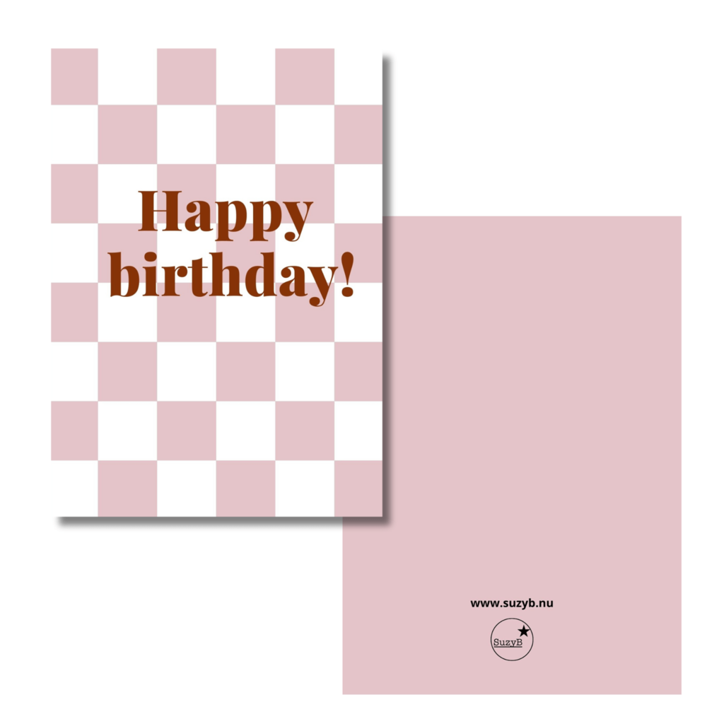 Kaart  Happy birthday checkerboard roze