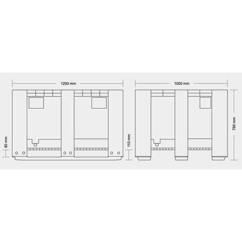 Caisse-palette 1200x1000x760mm, 610 L,  3 semelles, PEHD recyclé