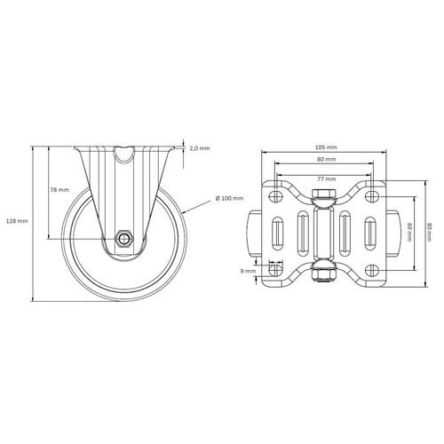 Roulette fixe PP Ø 100mm, roulement à rouleaux - 100 kg