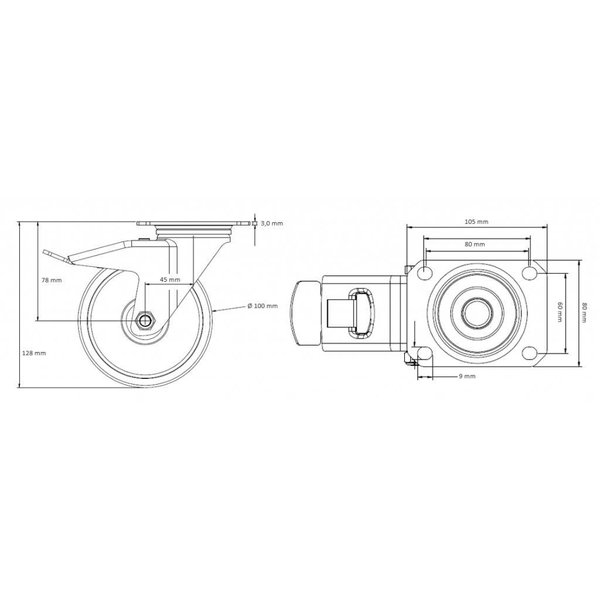 Roulette pivotante avec frein ø100 mm, oeil, charge max 70kg