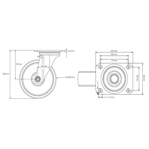 Roulette pivotante PA/PU Ø 100 mm, roulement à billes - 150 kg