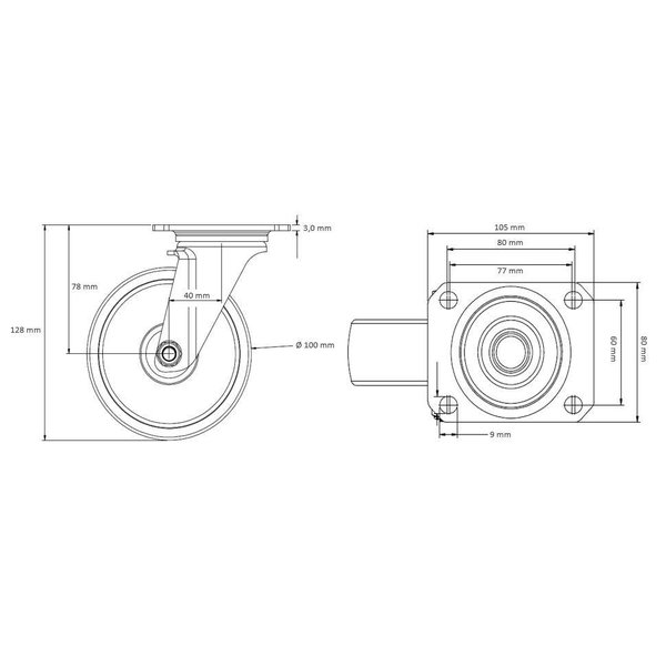 Roulette pivotante à frein PA Ø 100 mm - 150 kg